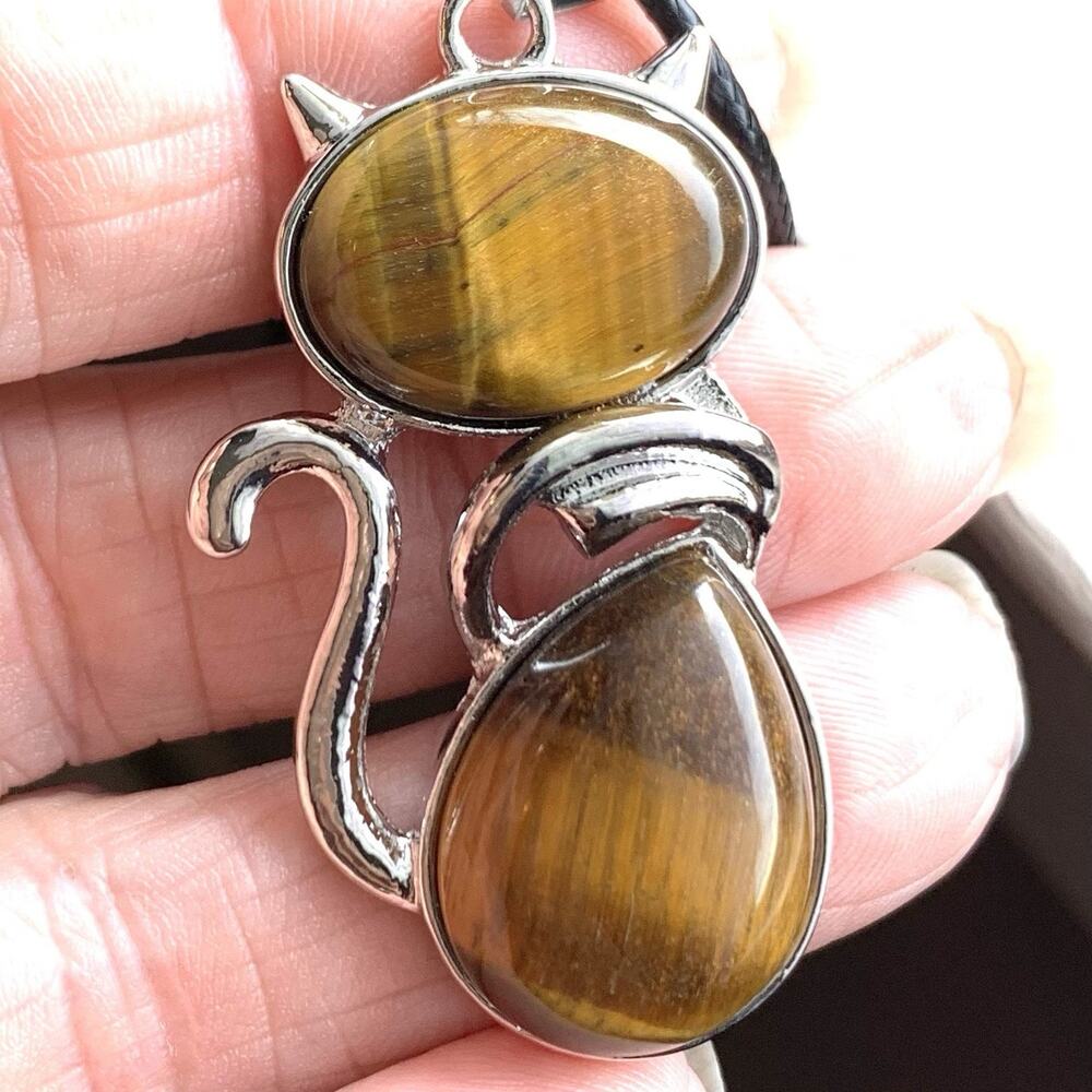 Polished Tiger's Eye & Silver Tone Sassy Kitty Cat Pendant Necklace Adjustable
